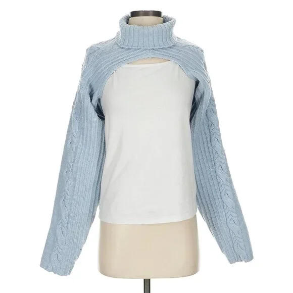 For Love & Lemons Blue & Pink Cable Knit 2-Piece Set Cropped Tank & Shrug XS/S - Picture 3 of 16